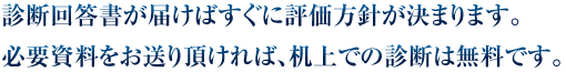 診断回答書が届けばすぐに評価方針が決まります。必要資料をお送り頂ければ、机上での診断は無料です。